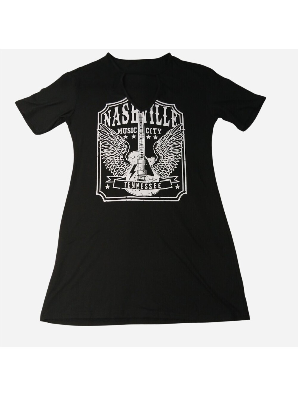 SHEIN Nashville Music City Graphic T-Shirt Dress Black Wings Guitar Small 4